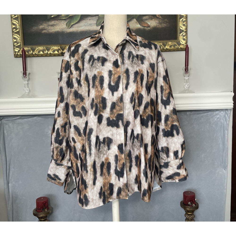 Unbranded Italian Leopard Print Button Up Tunic Blouse Large (NO SIZE TAG)